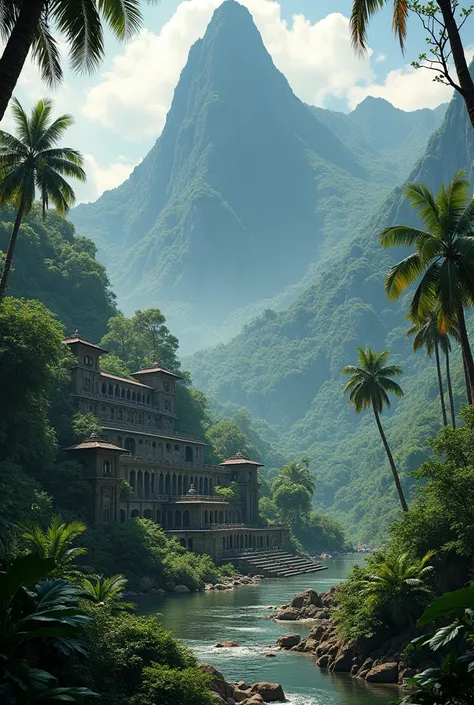 very very very towering jungle mountains over tropical jungle with palm trees and african stone Palace