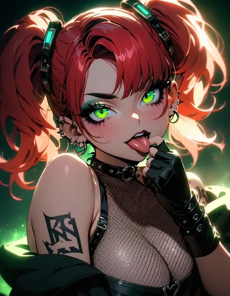 woman, curly red hair in pig tails, green eyes, eye shadow, black hoodie, black finger-less gloves, exposed shoulders, large breasts, freckles, cleavage, fishnet undershirt, looking at viewer, Holo-Punk Style, goth, earrings, eyelashes, makeup, solo, tatto...