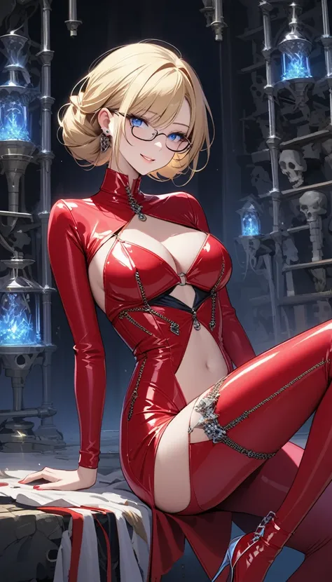 A shot framed by rows of cold, calculating LED lights casts an eerie glow on a lab filled with human bones. A stunning woman, her blonde hair styled neatly, stands amidst the relics in stiletto heels and a provocative outfit - a red pencil suit with a low-...