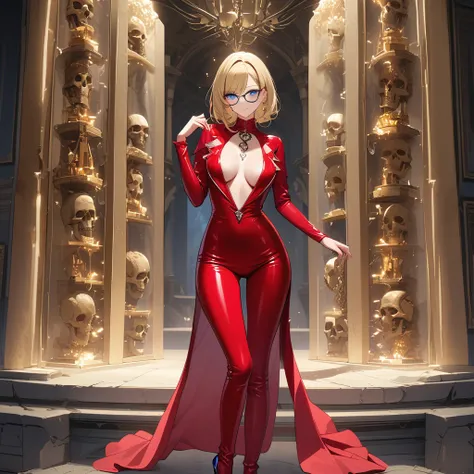 A shot framed by rows of cold, calculating LED lights casts an eerie glow on a lab filled with human bones. A stunning woman, her blonde hair styled neatly, stands amidst the relics in stiletto heels and a provocative outfit - a red pencil suit with a low-...