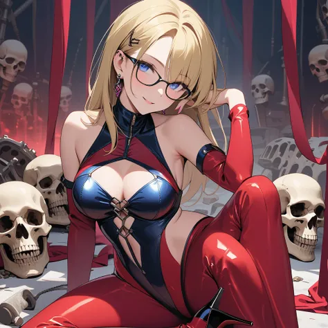 A shot framed by rows of cold, calculating LED lights casts an eerie glow on a lab filled with human bones. A stunning woman, her blonde hair styled neatly, stands amidst the relics in stiletto heels and a provocative outfit - a red pencil suit with a low-...