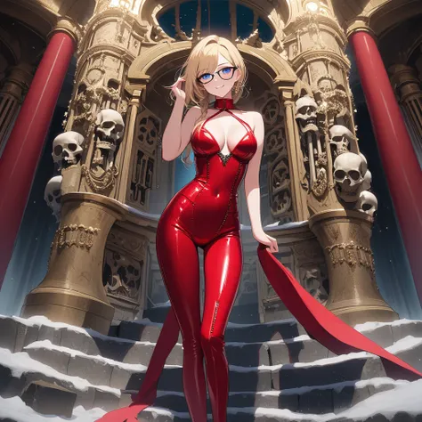 A shot framed by rows of cold, calculating LED lights casts an eerie glow on a lab filled with human bones. A stunning woman, her blonde hair styled neatly, stands amidst the relics in stiletto heels and a provocative outfit - a red pencil suit with a low-...