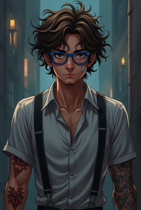 Bruno is a 22 year old adult with curly frizzy hair , brown eyes almost black in tone , has light brown skin , wears blue-rimmed glasses and wears semi-formal clothing. He has symbols tattooed on his left arm that he leaves visible most of the time. Do RPG...