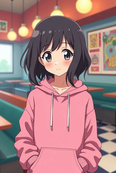 anime girl in pink hoodie in teenagers cafeteria, 80s anime ova style, 1980s anime style, 80 s anime style, 80 s anime vibe, 8 0 s anime art style, in the art style of 8 0 s anime, an retro anime image, anime cels, 90s anime style, 9 0 s anime style