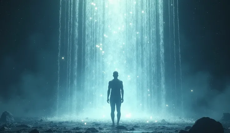 A person standing under a waterfall of light, with particles of cosmic energy and debris being washed away, illustrating mental and spiritual cleansing. The scene is bright and refreshing. --ar 16:9