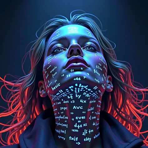 Close-up of womans face, glowing green holographic equations projected onto skin. Intense gaze, realistic features. Dark background, cyberpunk aesthetic. Luminous mathematical formulas, handwritten style. Futuristic, high-tech atmosphere. Photorealistic re...