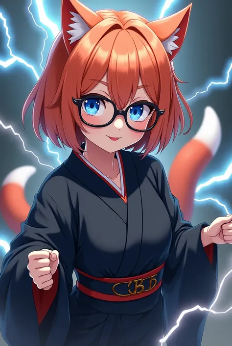 Mature anime girl, orange short hair, wolfcut hair, round glasses, Take-Mikazuchi, God of Thunder, blue eyes, black yukata, , playful, cat girl, goth