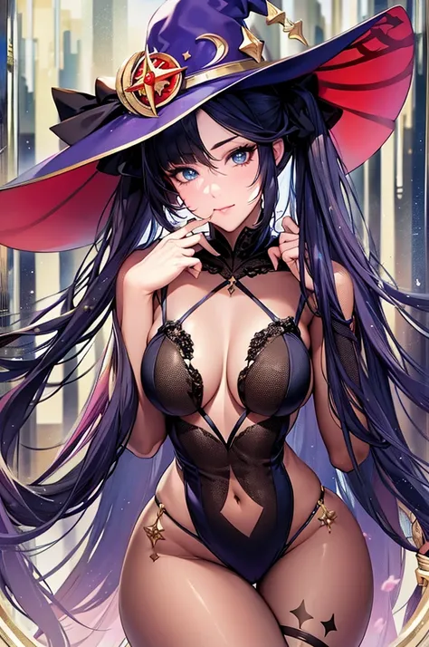 mona, blue eyes, hair between eyes, twintails, very long hair, purple hair, hat, (small breast:1.2, big hips:1.2), witch hat, , ...