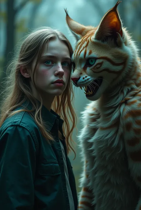 Son of Alice from Wonderland A little teenager Long hair down to the shoulder Blue eyes and a psychopathic look And the son of the laughing cat next to him Human version