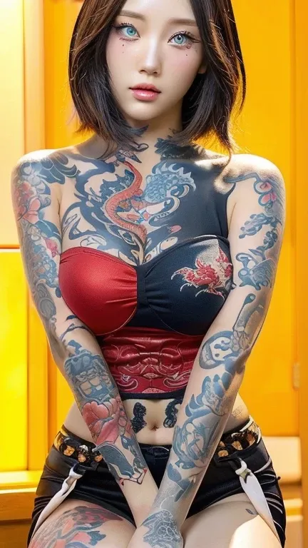 a woman with tattoos and a red dragon on her arm and blue eyes, cartoon character; full body art, dragon girl, the dragon girl p...