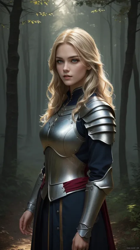 Young girl, white long hair, slightly curly hair, beutiful eyes, neutral expression, athletic physic, light fantasy clothing, medieval clothing, armor, medieval setting, intresting pose, standing sideways to camera, cinematic lighting, fantasy setting, dar...