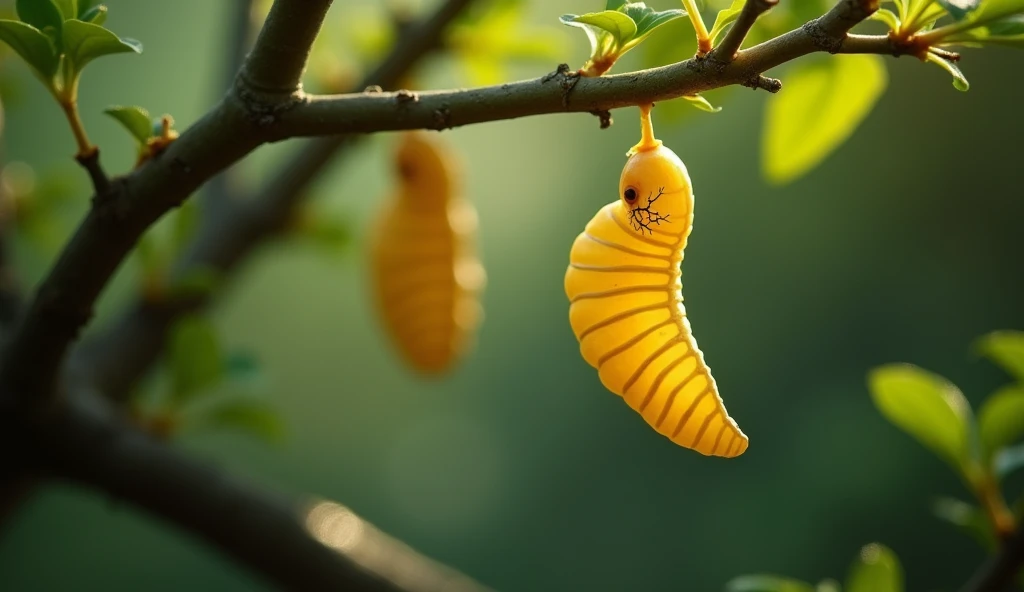 A close-up of the yellow cocoon hanging above tree trembling with a tiny crack forming on its surface, signifying something amazing is about to happen."