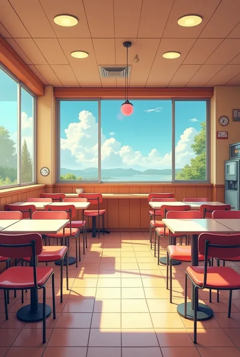 empty burger cafeteria background without people, 16:9 panoramic view, 80s anime ova style, 1980s anime style, 80 s anime style, 80 s anime vibe, 8 0 s anime art style, in the art style of 8 0 s anime, an retro anime image, anime cels, 90s anime style, 9 0...