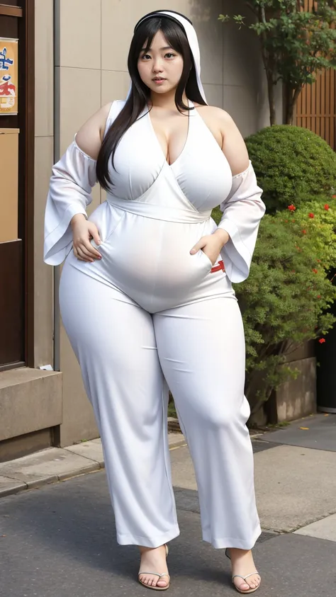 Arab Japanese woman on the street , Attractive voluptuous body , Wearing a white jumpsuit pajamas, Beautiful woman, in great detail ,wide hips, long legs, tall ,thick high,  group, Full body on camera, Wearing a strap wedge