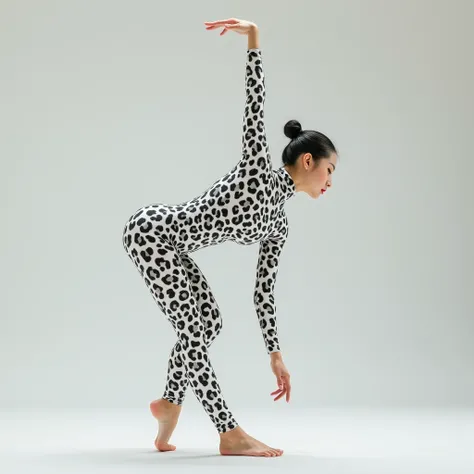 The beautiful Chinese flexible adult girl with beautiful cheeks wears white leopard print full lycra dancewear turtleneck unitard catsuit.She wears white leopard print lycra elastane dancewear hijab-like zentai hood.She is happy to perform contortion perfo...