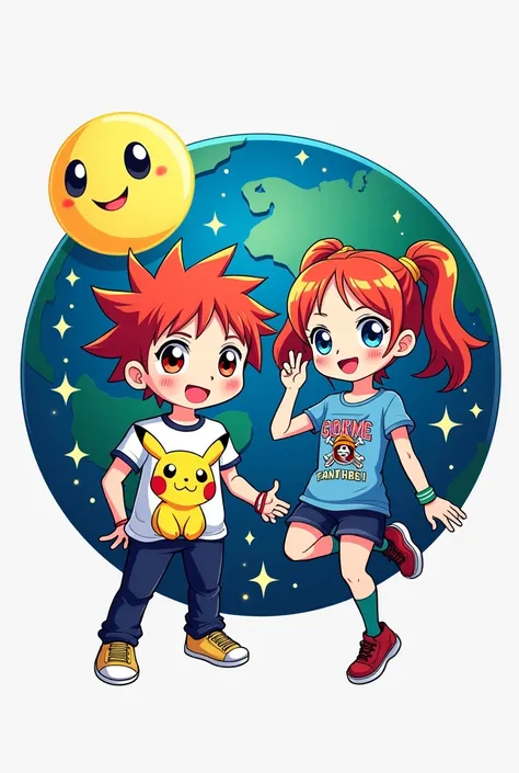 A logo with one or two anime boy and girl figures wearing Pokémon and One Piece t-shirts, with the symbol of the moon and star in pink with purple in the upper left corner and the world in the background to refer to the name and having the name geek planet...