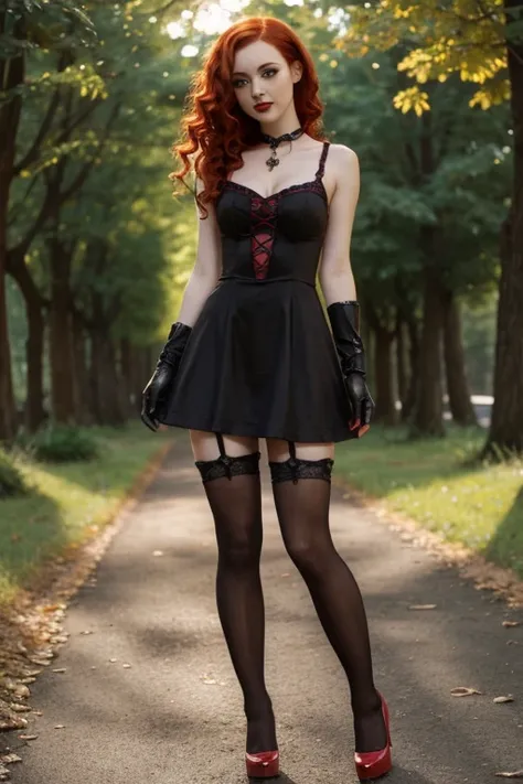 Vampire girl,  very curly red hair,  very tiny  gothic minidress,  pantyhose,  elbow lace gloves,  shoes,  sun shiny day 