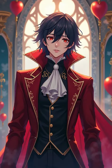 Alice in Wonderland male anime version with shoulder length hair and the son of the Queen of Hearts on the side anime version and a little realistic 
