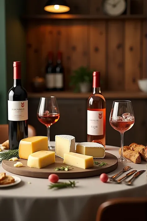 GPT, create a cheese table environment, two bottles, one of red wine and one of rosé wine. A glass of rosé wine with ice inside and another glass of red wine. Create realistic and natural images. Be creative and engaging. 