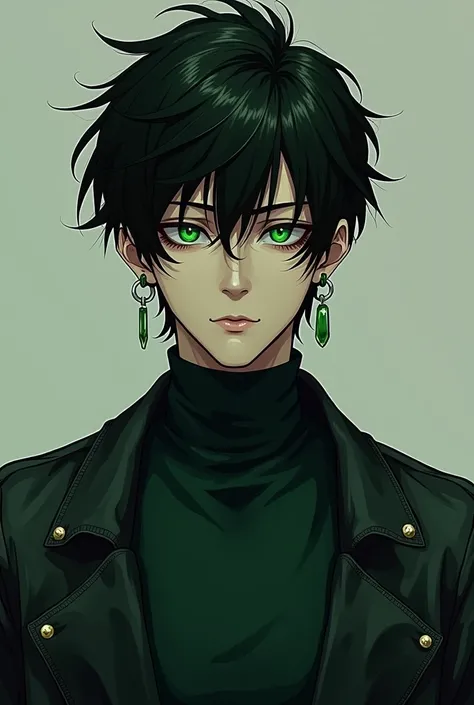 A manga style man He has 2,09, 2 height, black hair with well-made bangs , green eyes a very attractive slim face, (looking old and half dead)with three earrings in the ears, with a turtleneck and dark green jacket