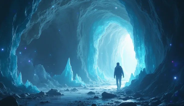 A person exploring a glowing, crystalline cave, symbolizing the exploration of their inner light and hidden depths. The cave should be radiant and filled with celestial elements. --ar 16:9