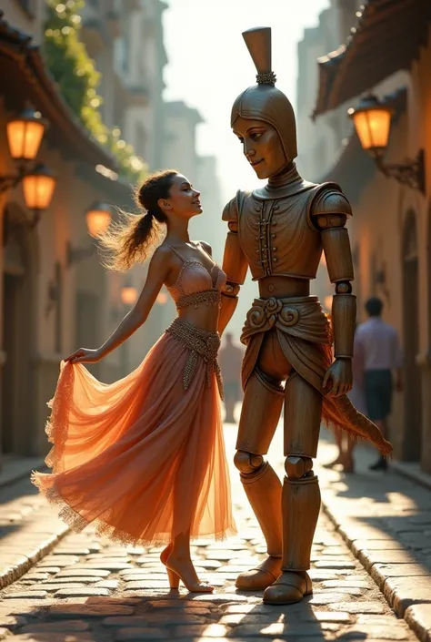 A dancer next to a wooden soldier walking on the street 