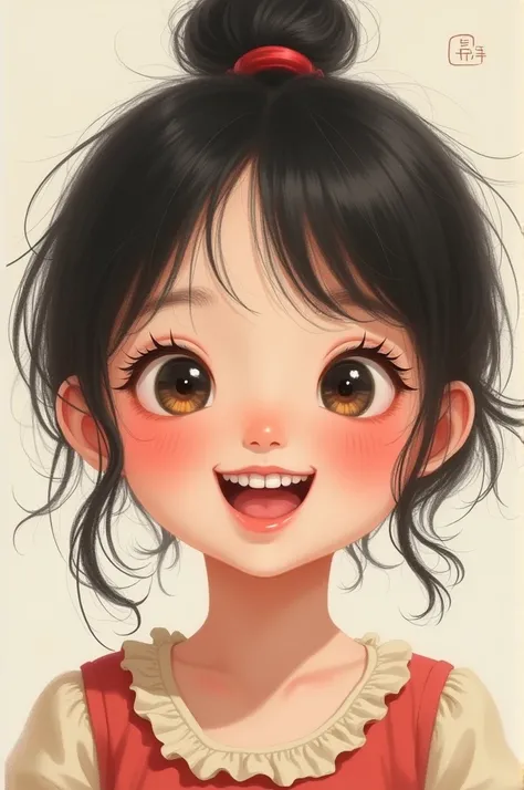 Create a Korean girl with chubby cheeks having buck teeth and having a mole on her cheek and freckles