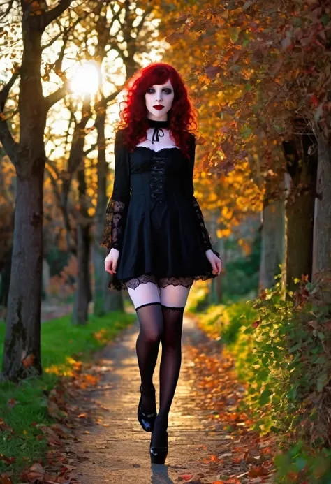 Vampire girl,  very curly red hair,  very tiny  gothic minidress,  pantyhose,  elbow lace gloves,  shoes,  sun shiny day 