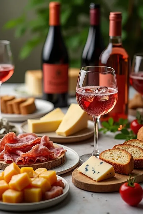 GPT, create a table setting with cubed cheese, bruschetta and parma, two bottles, one of red wine and one of rosé wine. A glass of rosé wine with ice inside and another glass of red wine. Create realistic and natural images. Be creative and engaging. 