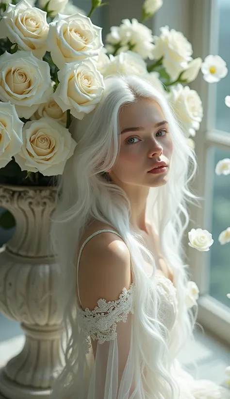 “A breathtaking woman, 20 years old, with hair as white as snow, gracefully landing near a large vase of white roses. Her presence is ethereal, and her beauty captivates like the delicate petals surrounding her, 