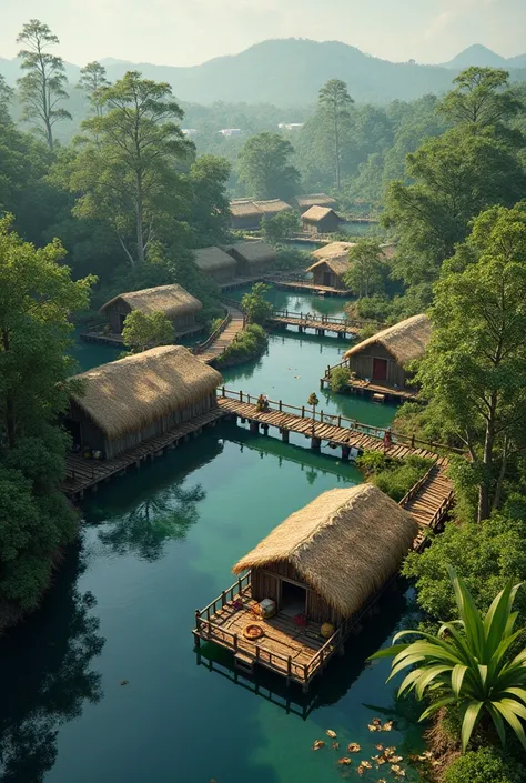 a small Brazilian indigenous town without vegetation, built on water , straw and wattle house, small community gardens and fishing spots