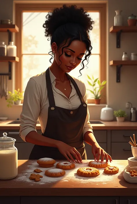 Create an image of a dark-skinned woman making sweets 