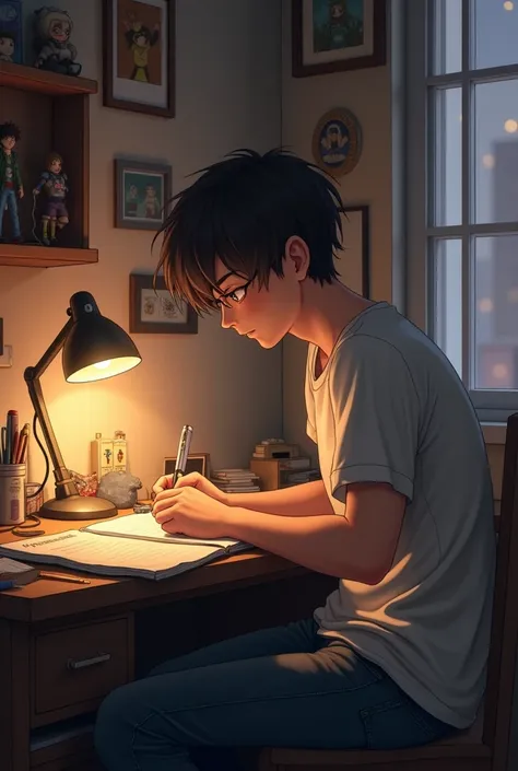 I want a picture of a boy in his adulthood with dark brown hair, wearing a t-shirt and jeans. He is sitting in his room in front of a work table, concentrating on studying at night with a lamp shining on him.. In the room you can see decorations such as pa...