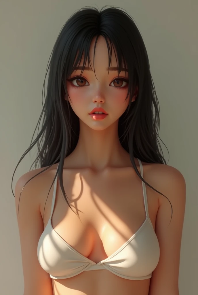 Girl with cinnamon skin, small hips, small breasts, small height, straight black hair, round face, wide ribs  