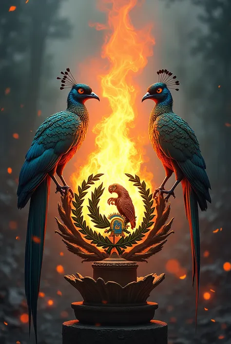 unite in a single image of a quetzal, coat of arms of Guatemala, ceiba and the flag of Guatemala but in the center an animated torch