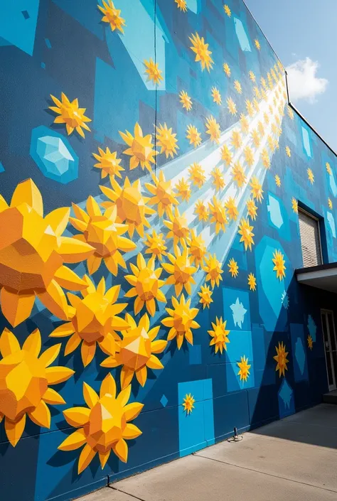 school mural, colors yellow blue and white, Bees, themes transcendence singularity openness and autonomy
