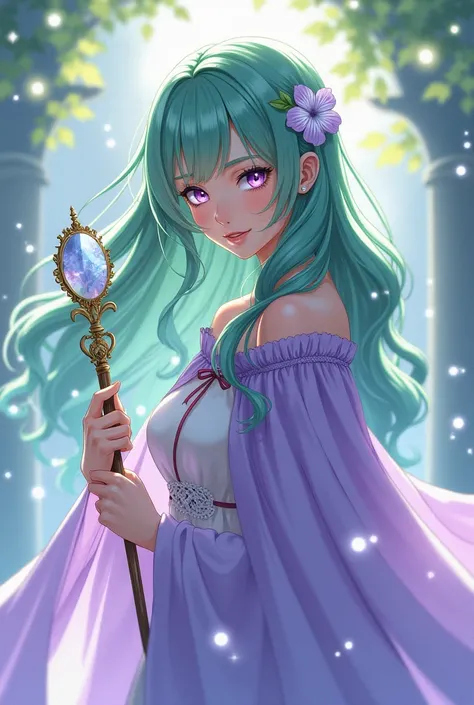 Woman with long hair down to her butt, anime styling, pretty,fly away, hair green,Lilac Eyes,white skin,lilac cloak,staff