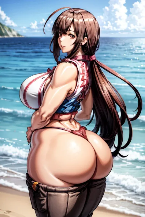 ((beach in front of the sea shore)) mature woman,mature woman,long hair,1 girl, alone, (giant ass: 1.3), (thick thighs: 1.2), huge thighs, (wide hips: 1.2), cleft in the skin, smile, happy, (sleeveless top, pants short: 1,2), thighs and blunt, plump,aamusu...