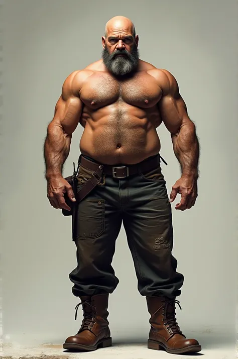 A rough and masculine looking man in hos mid 30s. Wearing leather boots and leather trousers but no shirt. Hairy chest. 3 days stubble on face, balding head