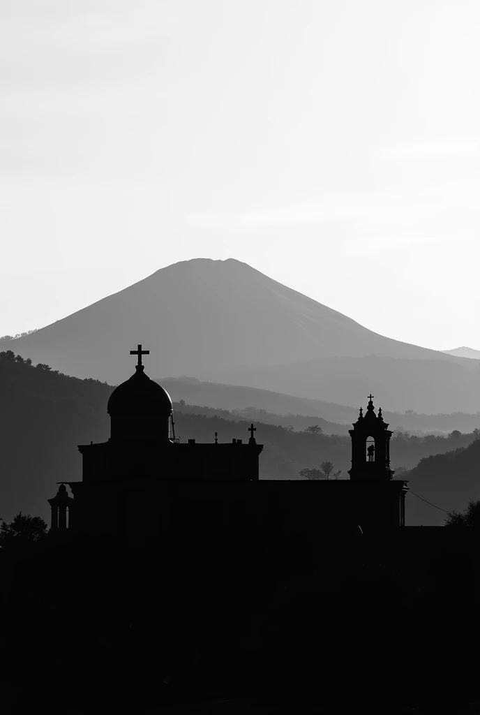 Silhouette of the 20-peak Zempoala hill that is in Huauchinango Puebla and in front with the silhouette of a church, the dome above the cross that is in Huauchinango Puebla black and white
