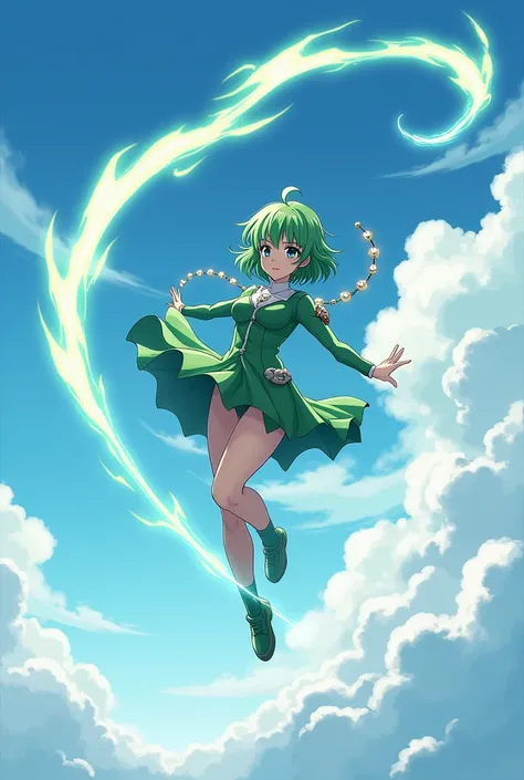 As an image of tatsumaki from one punch man anime style where tatsumaki is flying through the sky showing the tracer 
