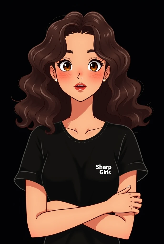 Cute female avatar,  with black hair, freckles on the face, plain black sleeve t-shirt, and the name SHARP GIRLS in small on the side of the shirt on the chest, brown mouth, Crossed arms, avatar, black backdrop,  cabelo cacheado 3c, bem cacheado,  cor da p...