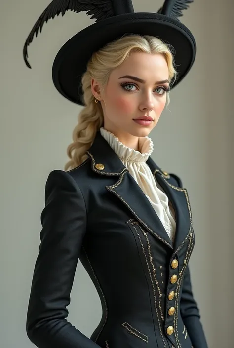 Beautiful blonde girl identical to Emilia Clarke dressed in a black and blue seventeenth century men&#39;s suit and winged hat 