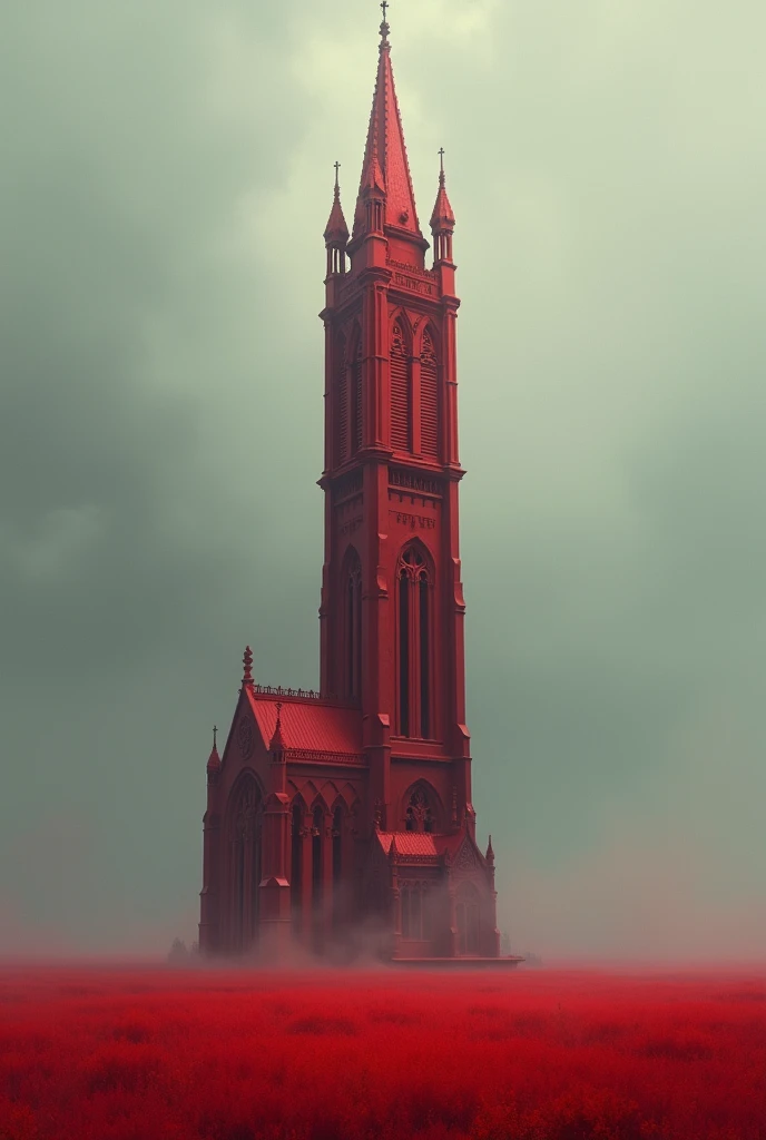 Digital painting featuring a tall, red tower with a smaller attached building, set against a misty, overcast sky. The tower has a gothic architectural style with pointed spires and intricate details. The foreground is dominated by a vibrant red field, cont...