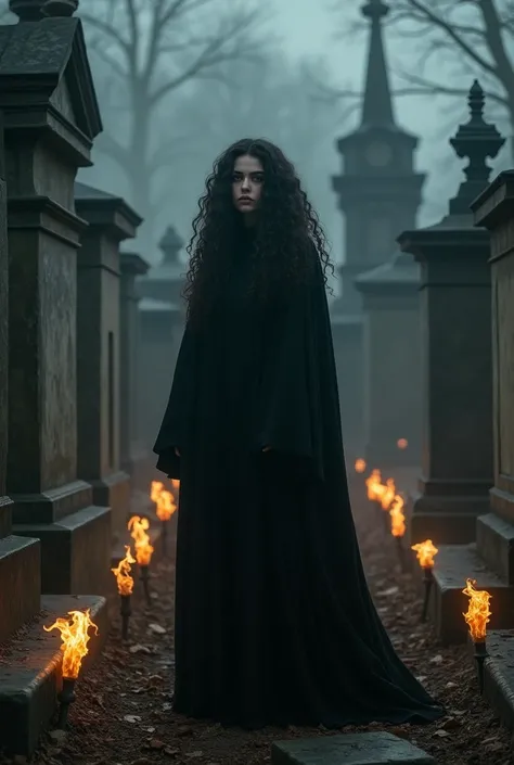 White woman with curly hair in black in cemetery with fire around 
