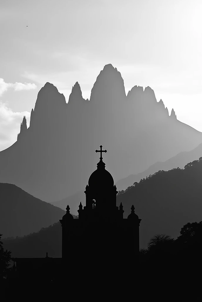 Put the silhouette of the Zempoala hill with 20 peaks that is in Huauchinango Puebla and in front with the silhouette of the church, the dome above the cross that is in Huauchinango Puebla in black and white
