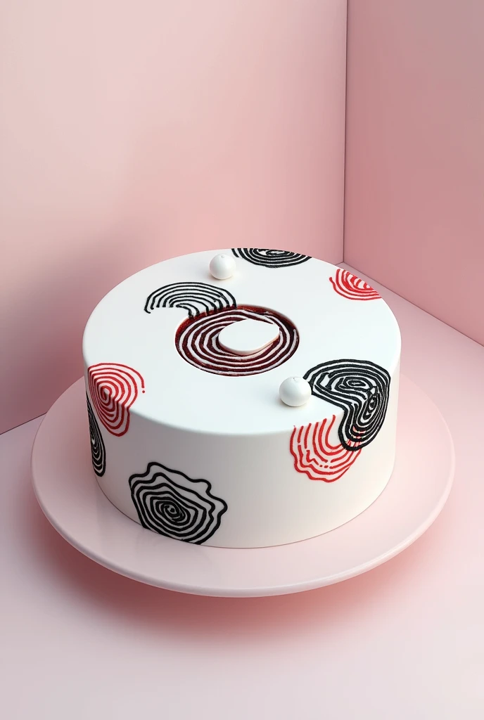 create an image of a white snow cake with black and some red, circular, with skrillex theme, DUBSTEP, simple but cool oastel