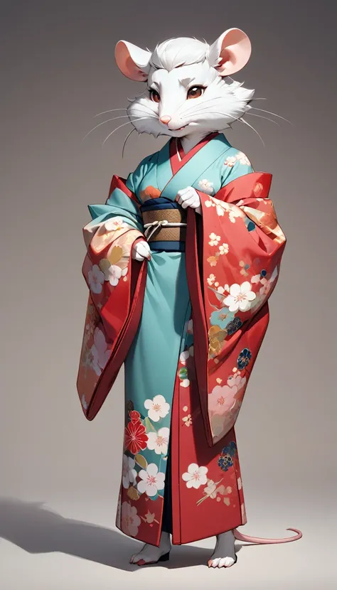 (masterpiece, best quality:1.2), 1 girl, solo, full body, (anthropomorphic rat, furry, kimono), simple background, Generated in SFW