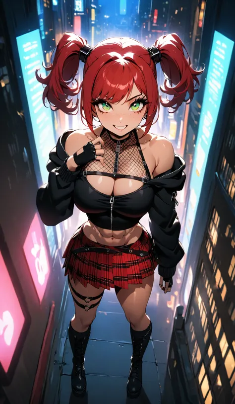 woman, grin, curly red hair in pig tails, green eyes, black eyeshadow, wearing crop top black shirt, black zip up hoodie, red plaid skirt, black knee high boots, black fingerless gloves, exposed shoulders, large breasts, freckles, abs, cleavage, looking up...