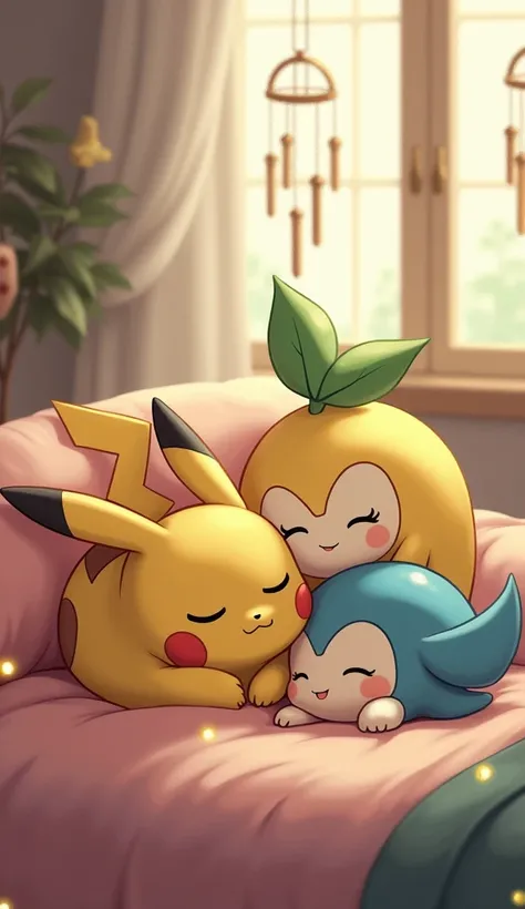 Pokemon characters Pikachu, Sorachi, and Piplup are sleeping at home listening to wind chimes